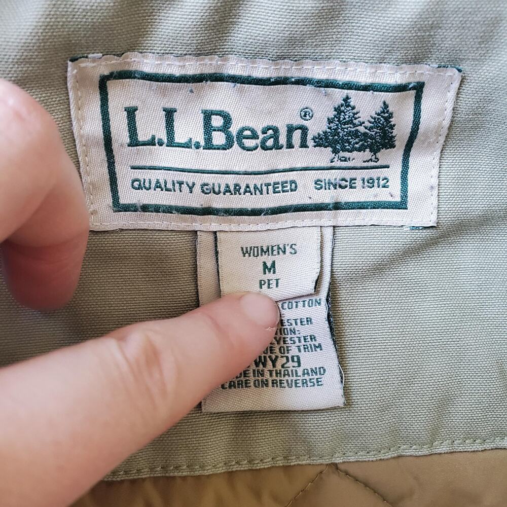 LL Bean Jacket Womens Medium Petite Green Canvas Barn Coat Corduroy Collar Lined - Picture 4 of 9